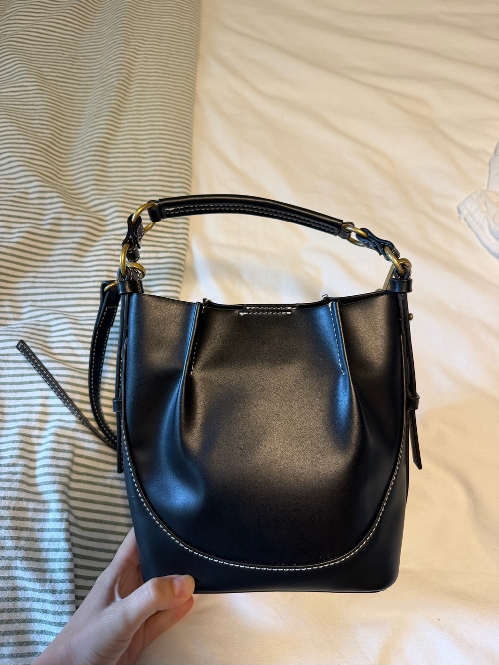 Black Leather Bucket Bag with Top Handle